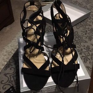 Black strapped sandal heel